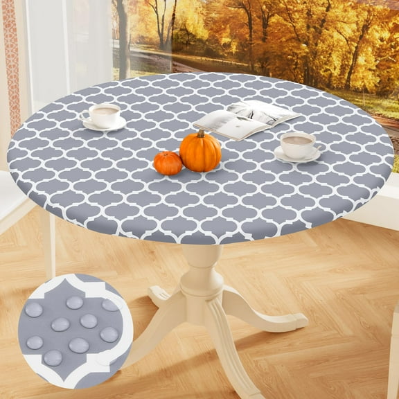 decorUhome Fitted Vinyl Tablecloth Round 36"-44" Diameter, Waterproof Wipeable PVC Table Cover, Moroccan, Grey, For Indoor or Outdoor