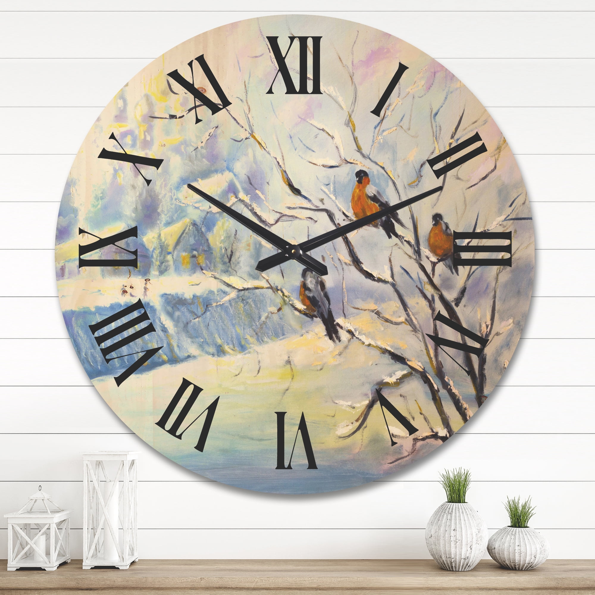 Designart 'Rustic Birds Sitting On A Tree In Winter Village' Farmhouse Wood Wall Clock