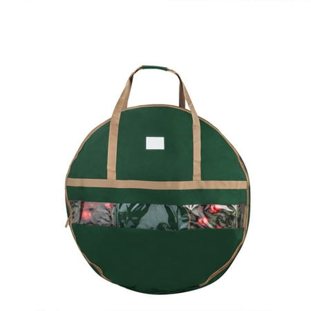 UPC: 0819732021715 | Wreath Storage Container – Canvas Bag with Clear Window and Handles Holds 48-Inch Artificial Wreath with Compartment for Ornaments by Elf Stor (Green)