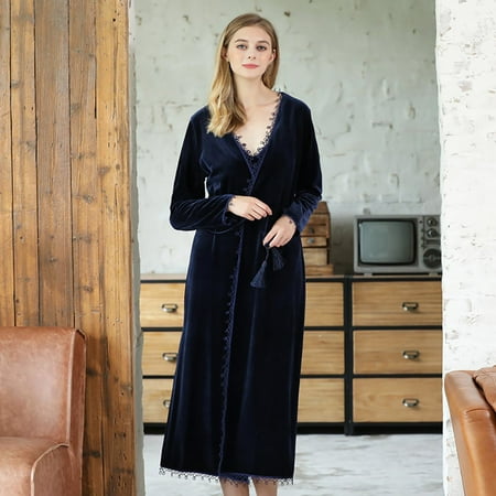 

Nightgowns Women Autumn Velvet Homewear French Style Sexy Long Sleeve Warm Sleepwear Navy Blue L