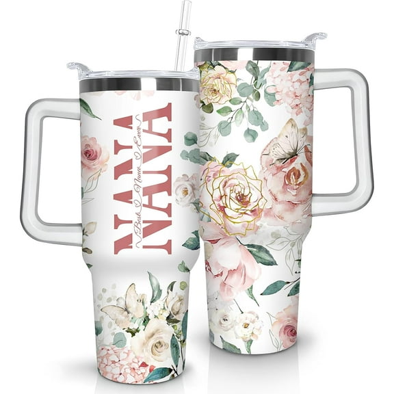 Nana Tumbler My Favorite People Call Me Nana Pink Floral 40 oz Tumblers with Handle and Straw Stainless Steel Insulated Nana Coffee Cup Mug Nana Gifts for Nana