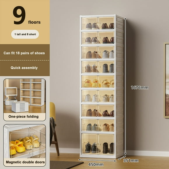 9-Tier Stackable Shoe Rack with Wheels & Doors, Foldable Shoe Storage Organizer for Closet, Holds 18 Pairs, Cabinet for Hallway & Living Room