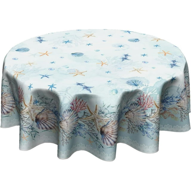 Starfish Coral Tablecloth Round 60 Inch Coastal Seashell Circle Table Cloth Heat Resistant Washable Table Cover for Kitchen Dining Party