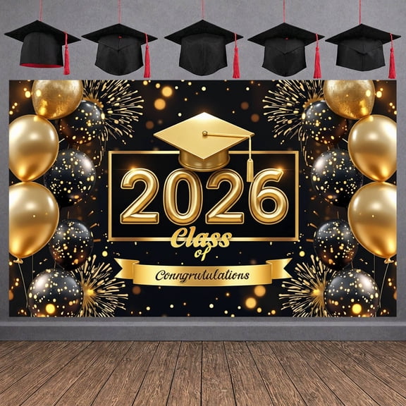 Gold Glitter Congrats Grad Banner Dark Blue Graduation Backdrop 3D Lettering Red Ribbon 2026 Grad Display for Graduation Parties High School Graduations College Graduations
