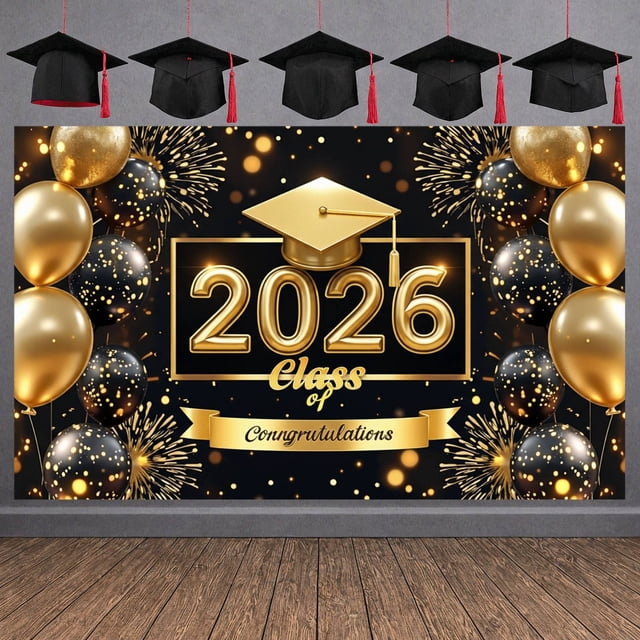 Gold Glitter Congrats Grad Banner Dark Blue Graduation Backdrop 3D Lettering Red Ribbon 2026 Grad Display for Graduation Parties High School Graduations College Graduations