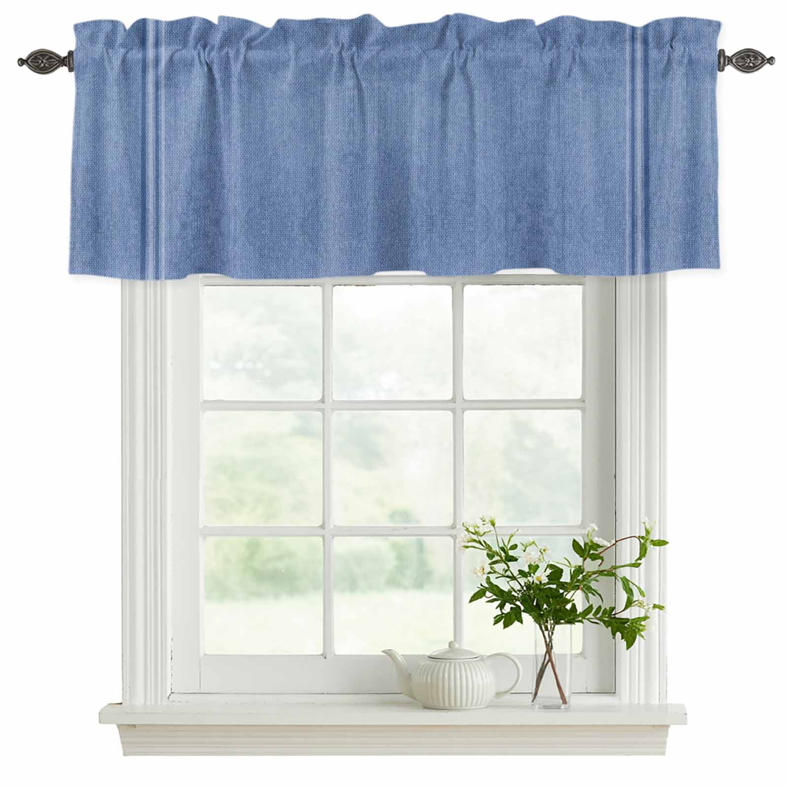 2 Pack Valances for Windows, Blue Window Valances for Living Room/Bedroom/Bathroom, Farmhouse Vintage Abstract Linen Texture Striped Light Filtering Kitchen Curtain Valance 60"W x18" L