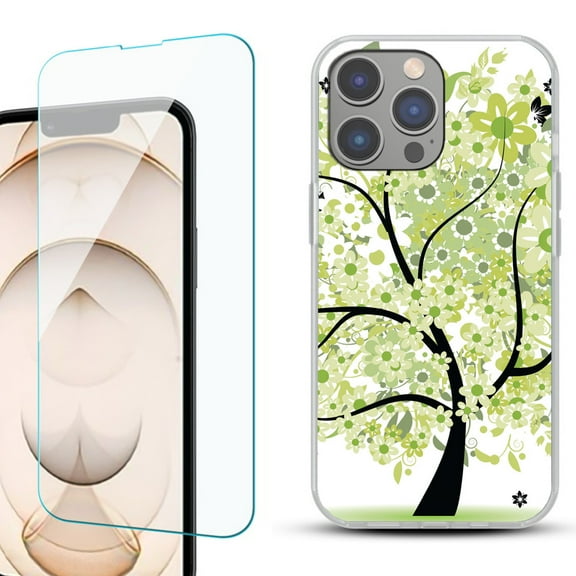 Slim-Fit Gel TPU Phone Case for iPhone 14 Pro, with Tempered Glass Screen Protector, by OneToughShield ® - Green Tree