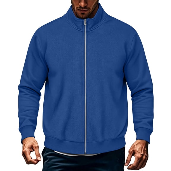Mens Fall Jackets Full Zipper Stand Up Collar Long Sleeve Loose Fashion Casual Solid Color Jacket Blue M