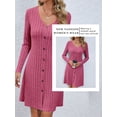 thumbnail image 6 of Xuanfei Women Solid Long Sleeve V Neck Button Down Ribbed Knitted A-Line Mini Dress, 6 of 7