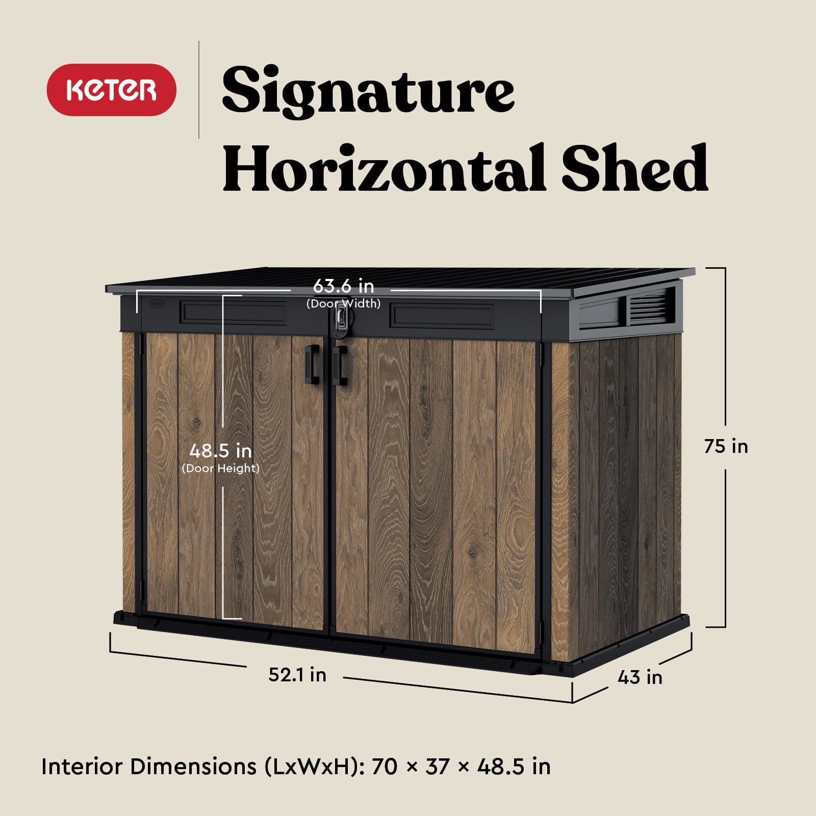 Keter Signature Horizontal Durable Resin Outdoor Storage Shed With Heavy Duty Floor and Locking Latch Double Doors, Walnut