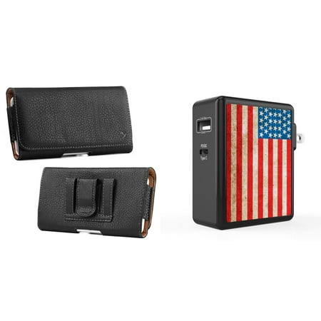 

Pouch and Wall Charger Bundle for OnePlus 10T 5G: Executive Belt Holster Case (Black) and 45W Dual USB Port PD Power Delivery Type-C and USB-A Power Adapter (Vintage American Flag)