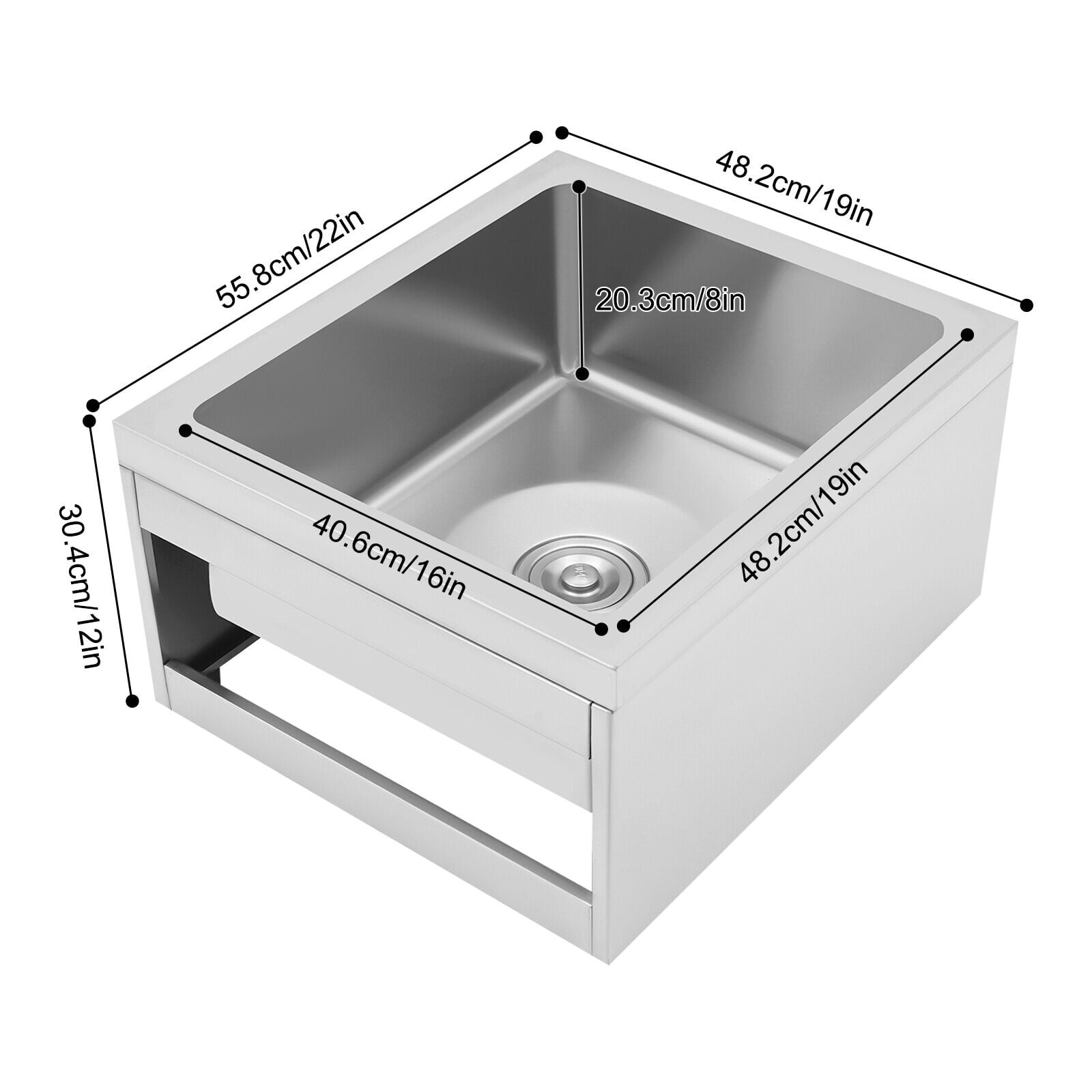 Single Bowl Commercial Sink, Restaurant Kitchen Sink Silver 304 Stainless Steel Free Standing Utility Sink