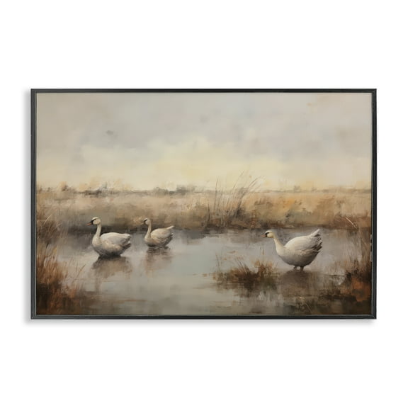 Stupell Industries Swan Family Rural Pond Landscape & Nature Painting Black Framed Art Print Wall Art, 18 x 12