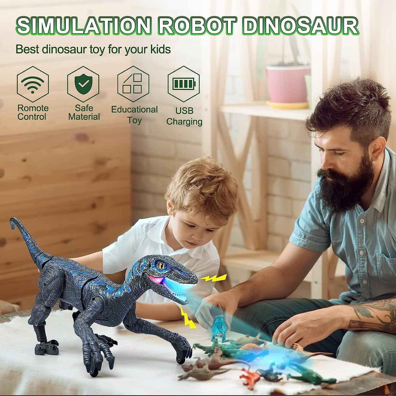 JBee Ctrl Remote Control Dinosaur Toys for Kids Boys Girls Walking Robot RC T-Rex with Lights and Sounds Dinosaur Toy Gifts for Boys Age 3-5, 5-7, 8-12 Years Old - Blue