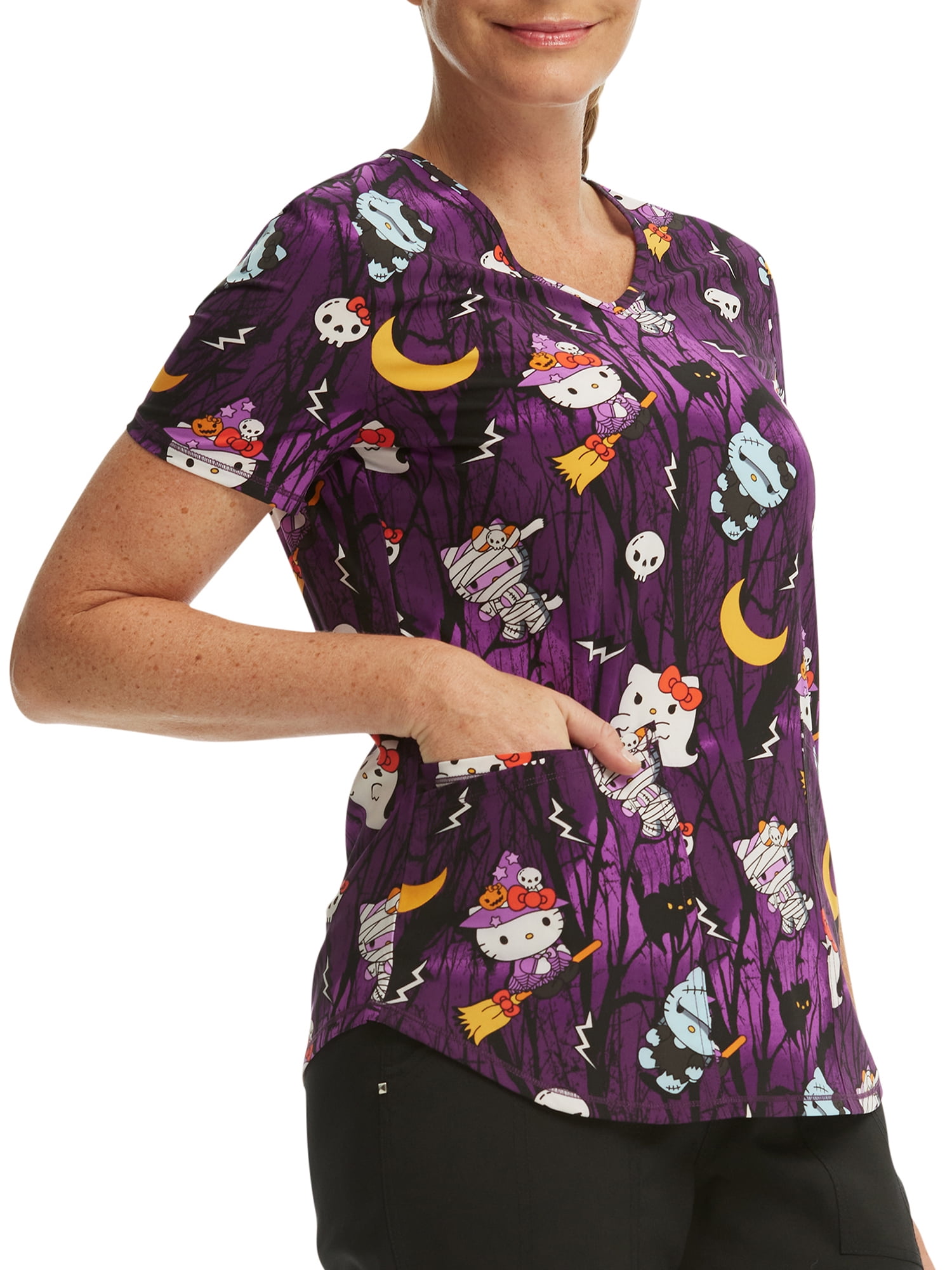 Scrubstar Women's Sanrio Hello Kitty Night Forest V-Neck Print Scrub Top