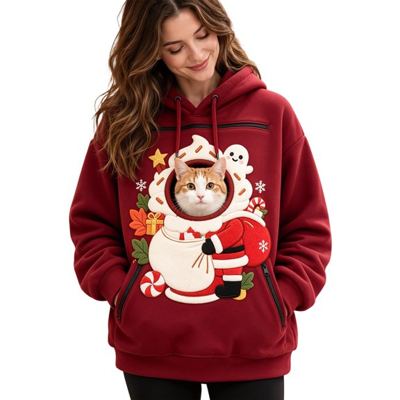 Xijirk Women Christmas Pet Carrier Hoodie Soft Cat Carry Pouch Drawstring Hood Oversized Fit for Cat Lovers Family Holiday Celebrations and Indoor Lounging,XL