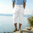 thumbnail image 5 of Men's Cotton Linen Capri Long Utility Stacked Cargo Shorts Below Knee 13 Inches Relaxed Fit Casual Elastic Waist Multi-Pocket Size 3XL White, 5 of 5