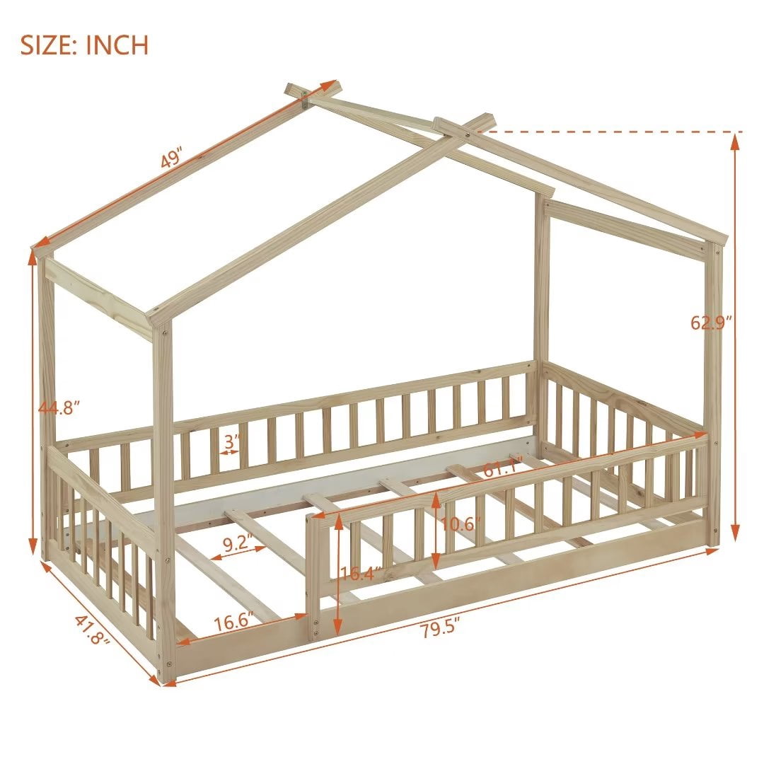 Twin Size House Bed, Wood Floor Bed with Fence and Roof, Montessori Bed Playhouse Bed Toddler Bed Frame for Kids Girls and Boys, Natural