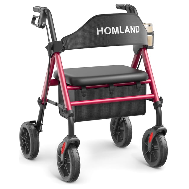 Andadores HOMLAND para personas mayores con asiento, andador plegable con ruedas, marco de aluminio reforzado, ruedas grandes de goma de 20 cm para todo terreno, andador ligero con ruedas y altura aju