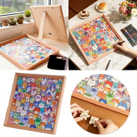 Diy Wooden Cat Puzzle Photo Frame, Wooden Colorable Puzzle, Creative Handmade Photo Frame, Cat Puzzle Home Decor Crafts Lovers (12 Colors, 11.42 Inches)