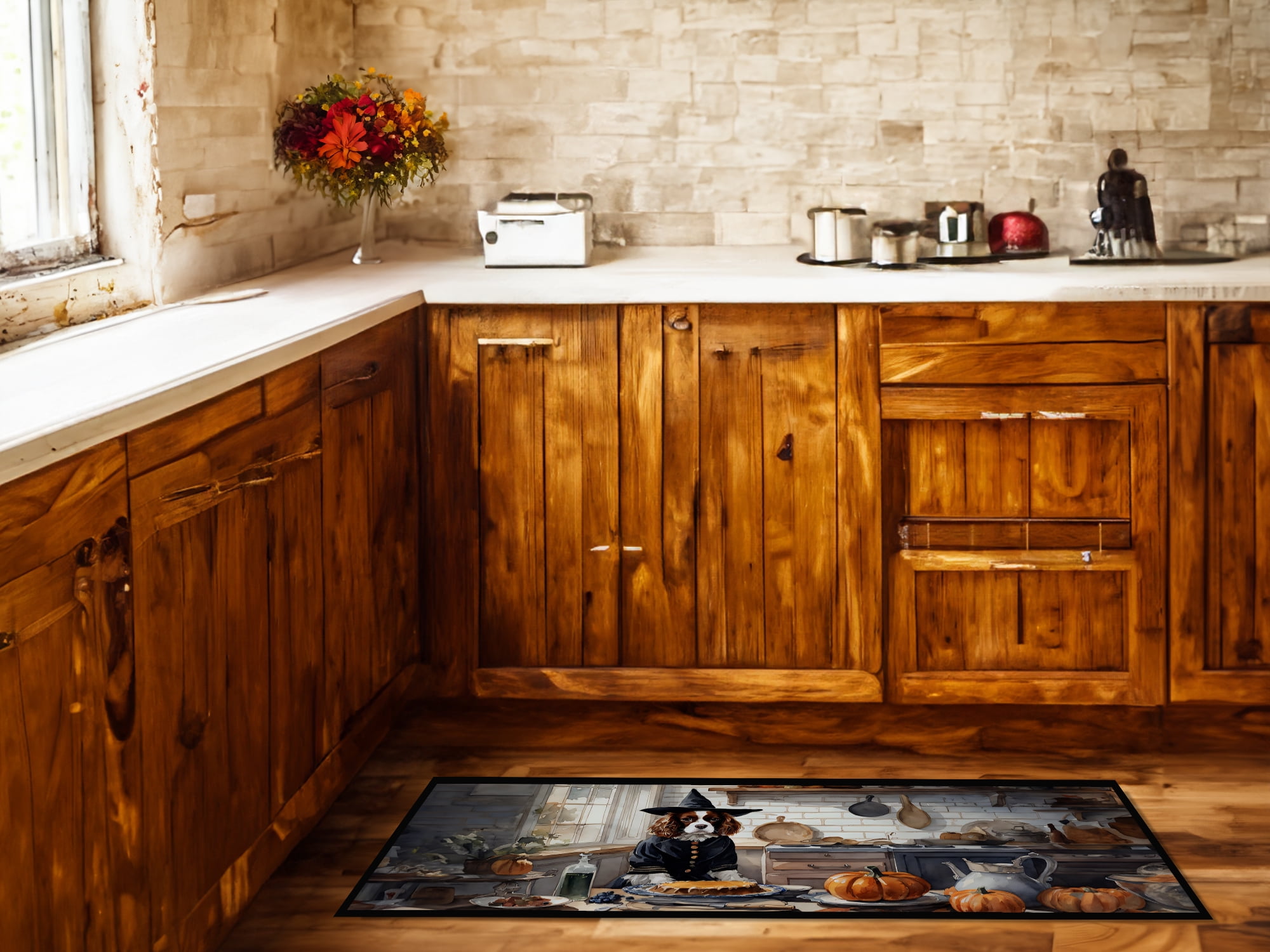 Caroline's Treasures Cavalier Spaniel Fall Kitchen Pumpkins Runner Mat 28x58 Front Door Mat Indoor Outdoor Rugs for Entryway Hallway Foyer Non Slip Washable Wide Doormat