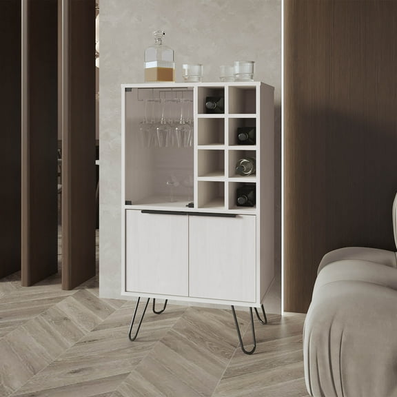 Miekor Furniture Fairfax Bar Cabinet In Melamine With Glass Rack And Wine Storage, White 27638