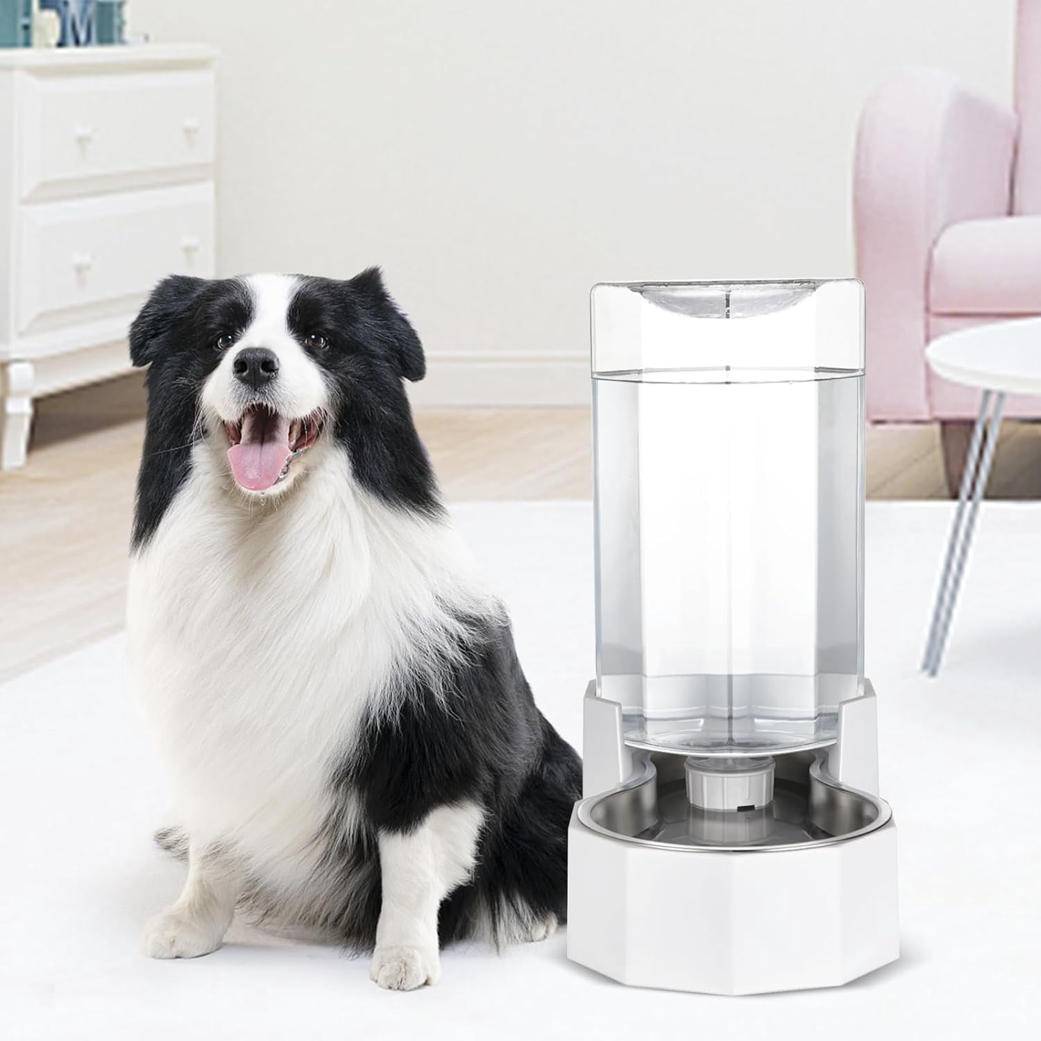 Automatic Pet Water Dispenser: 8L White Gravity Stainless Steel Water Bowl - with Specialized Brush - Angular Water Feeder for Senior Pet Dogs with Neck Pain Relief in Living Room Bedroom
