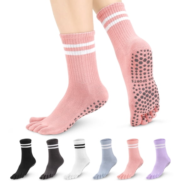 Bocaoying 6 Pairs Toe Socks Women, Five Finger Separator Socks, Non-Slip Pilates Yoga Socks with Grips, Comfortable Barefoot Socks, Athletic Crew Cotton Socks for Running Hiking