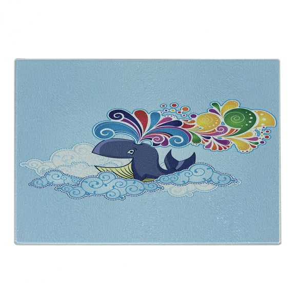 Whale Cutting Board, Cartoon Style Flying Happy Whale on the Clouds with Rainbow Clods on Its Head, Decorative Tempered Glass Cutting and Serving Board, Small Size, Multicolor, by Ambesonne