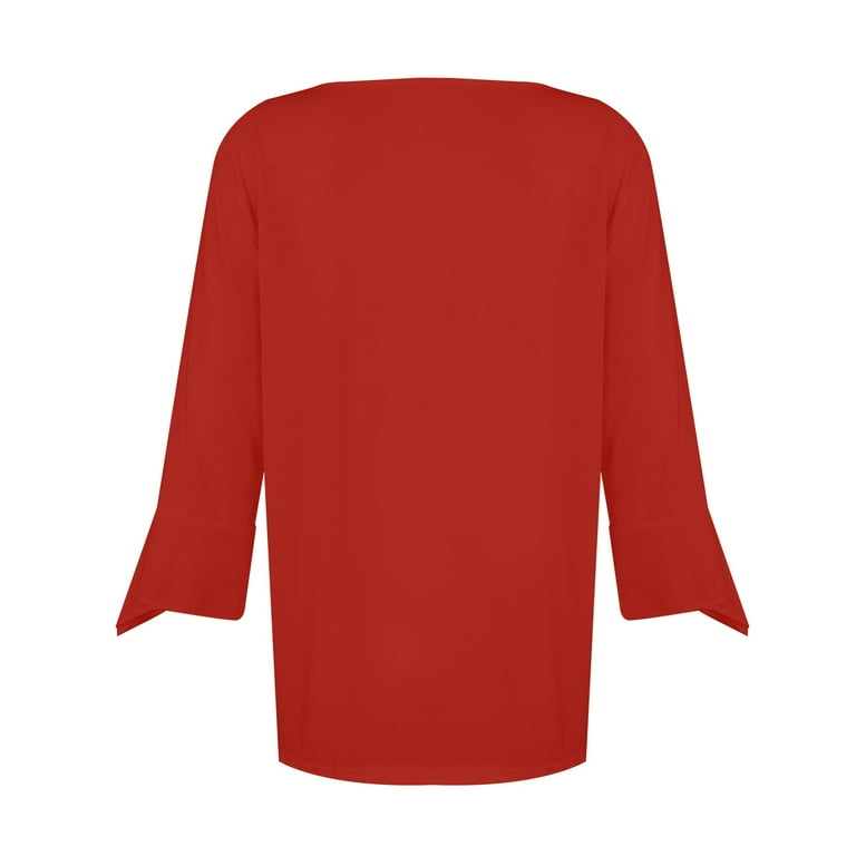 Women 3/4 Bell Sleeve Solid Color Round Neck Plus Size Tops Women 3/4 Bell Sleeve Solid Color Round Neck Plus Size Tops