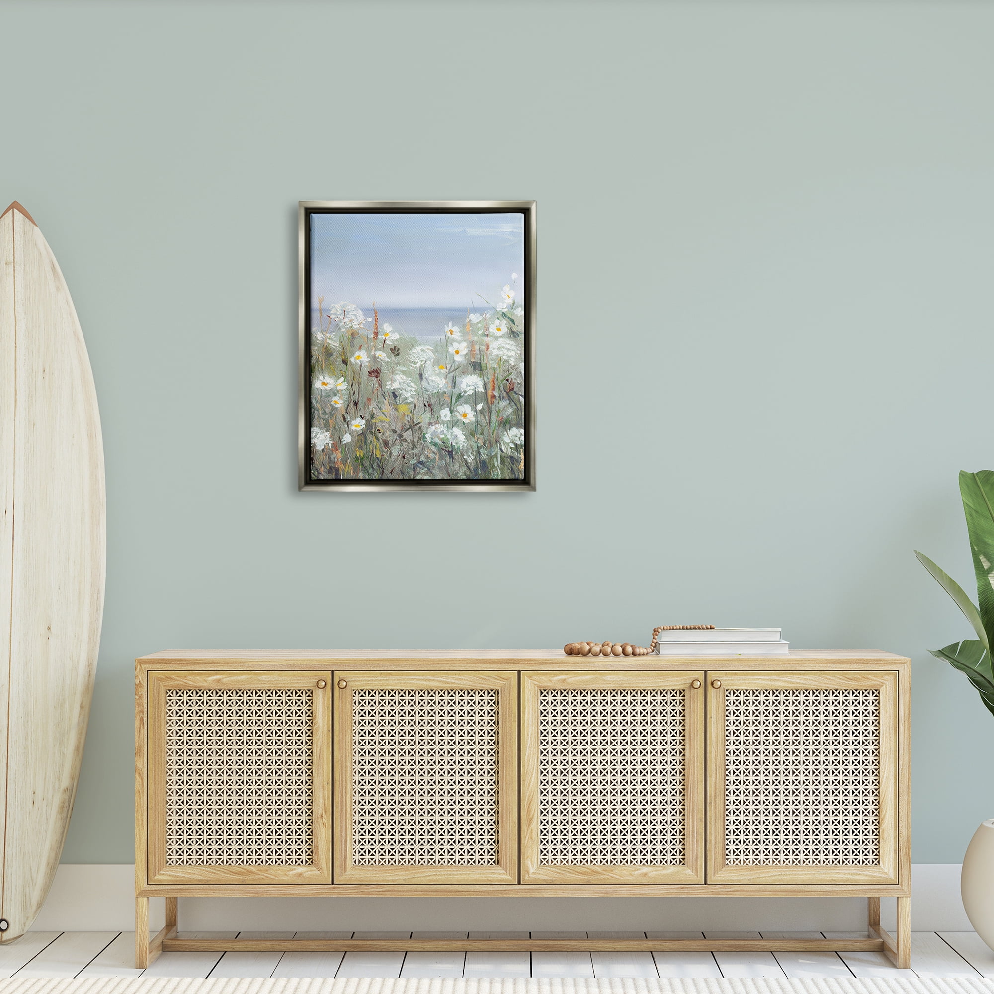 Stupell Industries Spring Daisy Flower Blooms Beachside Ocean View Painting Luster Gray Floating Framed Canvas Print Wall Art, Design by Sally Swatland