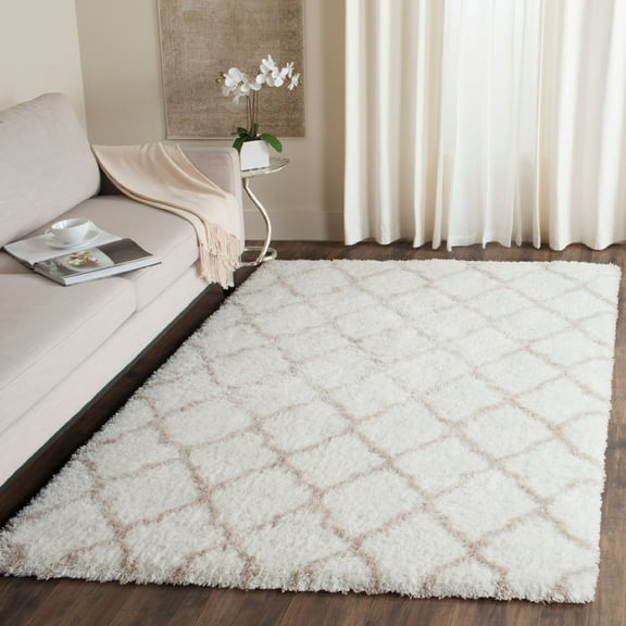 SAFAVIEH Indie Careen Geometric Polyester Shag Area Rug, Ivory/Mushroom, 9' x 12'