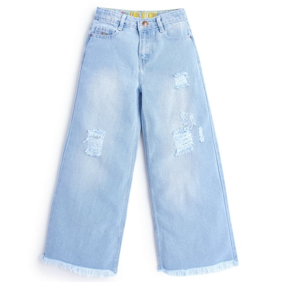Knit N Knot Girls' Ice wash, light Blue wide leg high waist flared fit raptured, torn fashionable jeans pant