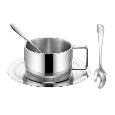 

LIHUA Stainless Steel Double Layer Design Insulated Mug with Dish Spoon Coffee Cup Set