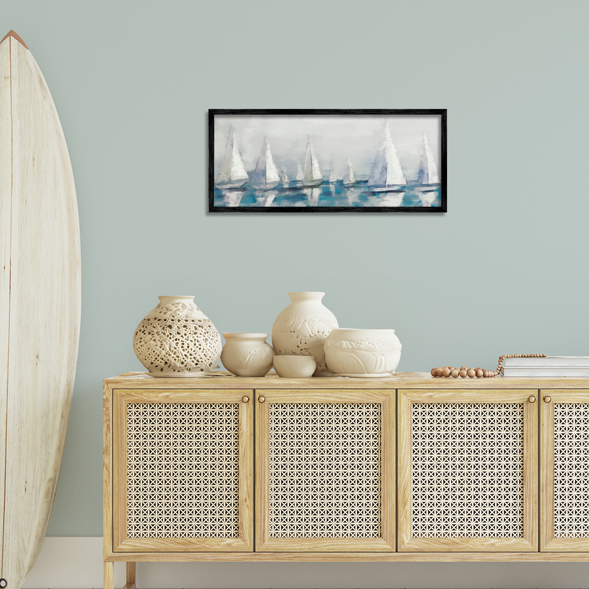 Stupell Industries Sailing Fleet Boats Transportation Painting Black Framed Art Print Wall Art, 30 x 13