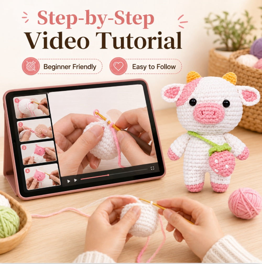 Strawberry Pig Crochet Kit for Beginners, Pig Amigurumi Starter Set with Step by Step Video Tutorials, TIKA