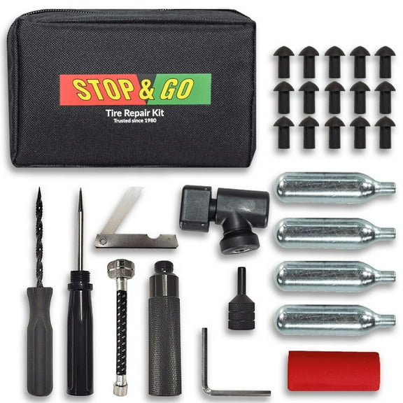 Stop & Go 1001A 28 Piece Tubeless Tire Pocket Plugger Repair Kit & CO2 for Punctures and Flats on Motorcycle, ATV, & Utility Vehicle (15 Mushroom Plugs)