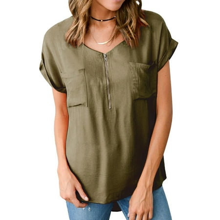 - Women Cuffed Short Sleeve V Neck Zip Front Pocket Solid Color Blouse Tops