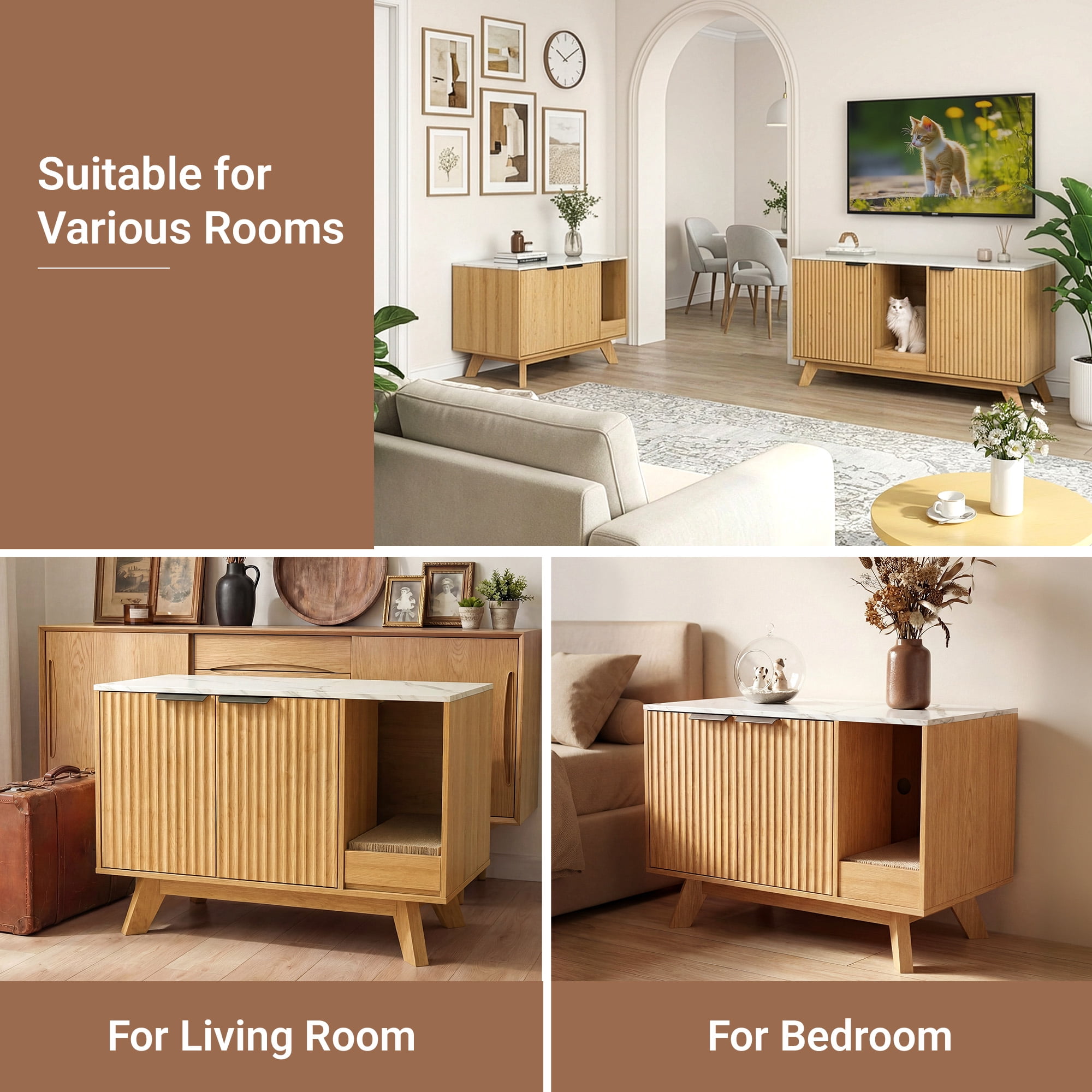 Innovar Home Cat Litter Box Enclosure, 31.5" Large Wooden Hidden Cat Litter Box Furniture,Indoor Cat Washroom for 2 Cats, Dual-Room Cats Cabinet W/Scratching Pad for Living Room Bedroom,Nature Finish
