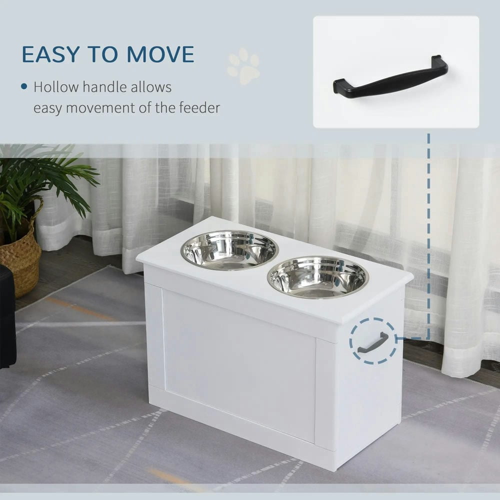 Resenkos Dog Bowls Holder,Dog Food Bowls,Raised Pet Feeding Storage Station with 2 Stainless Steel Bowls Base, White