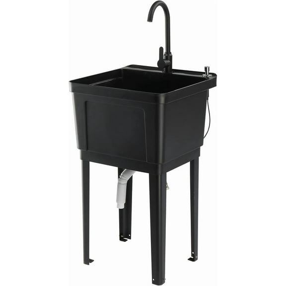 Black Laundry Sink with Iron Legs, Hot/Cold Faucet & Drain Plug - Freestanding