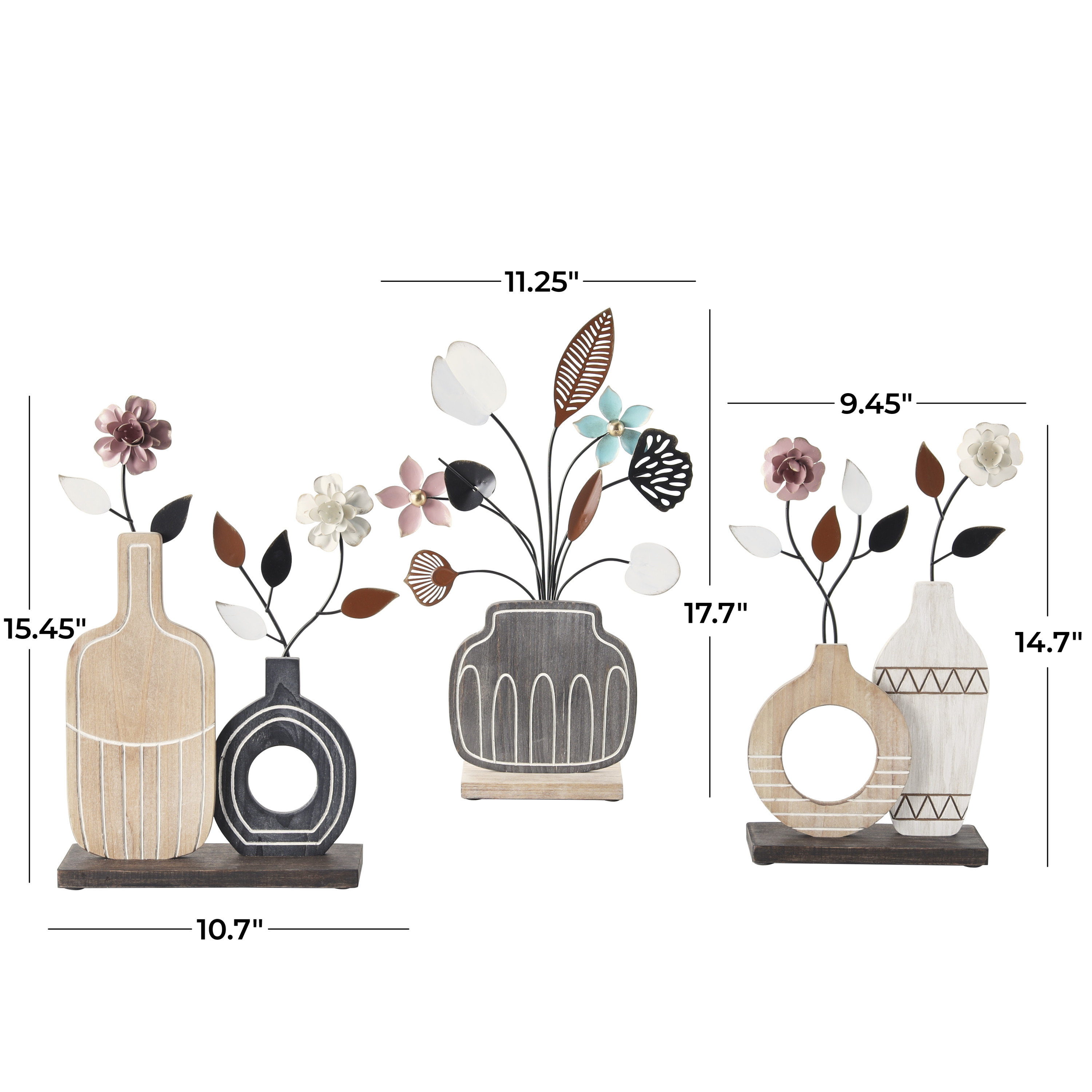 18", 15", 15"H Multi Colored Wooden Patterned Vase Floral Sculpture with Metal Accents, by DecMode (3 Count)