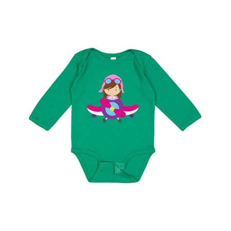 

Inktastic Pilot Girl Airplane Plane Flying Brown Hair Gift Baby Girl Long Sleeve Bodysuit