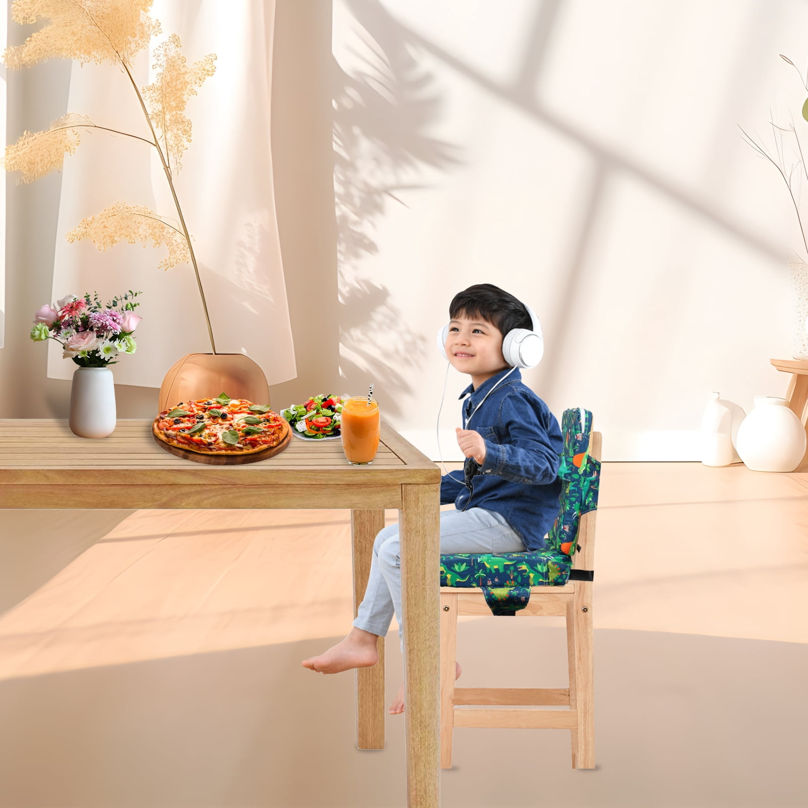 Dznils Toddler Booster Seat for Dining Table, with Backrest, Safety Buckles, Non-Slip Bottom, Green