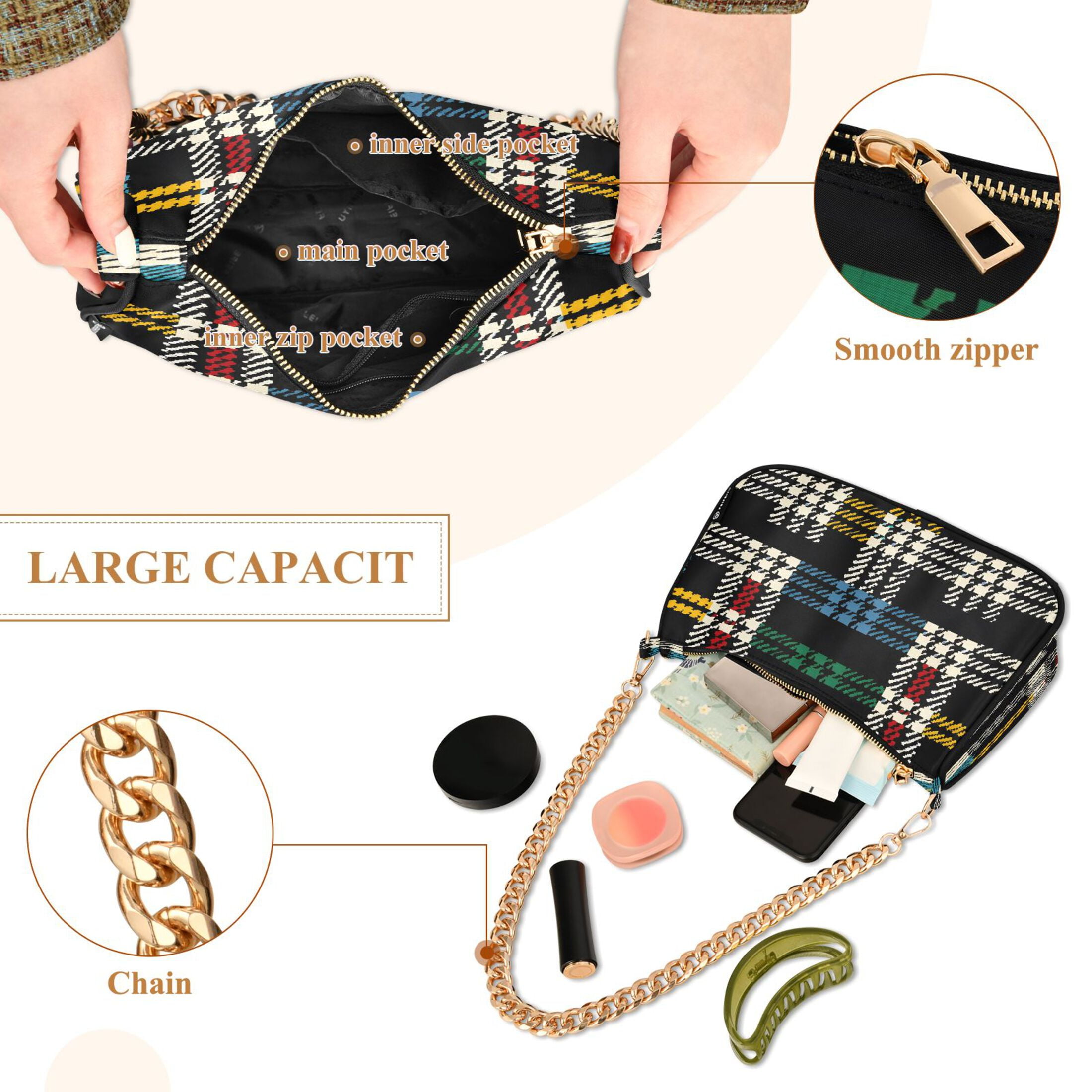 Ryvnso Colorful Black Checkered Pattern Womens Chain Shoulder Bag Tote Handbags Clutch Hobo Purse with Zipper for Travel