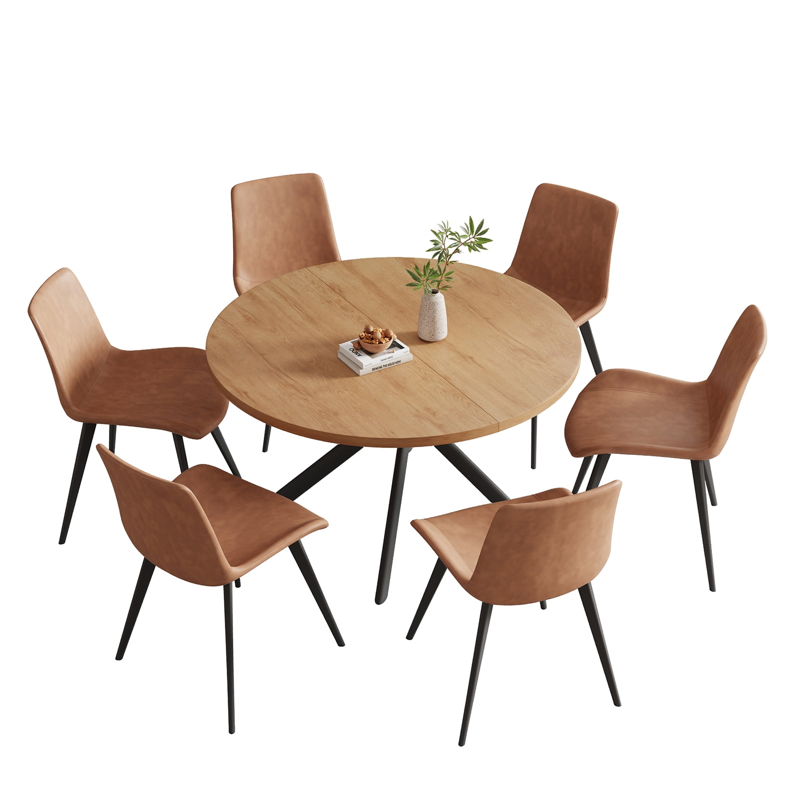 jiexi 45.3" Round Dining Table Set, Mid Century Modern Round Dining Table for 6 Person, with Steel Legs, Coffee Table for Kitchen Dining Room, Office, Save Space