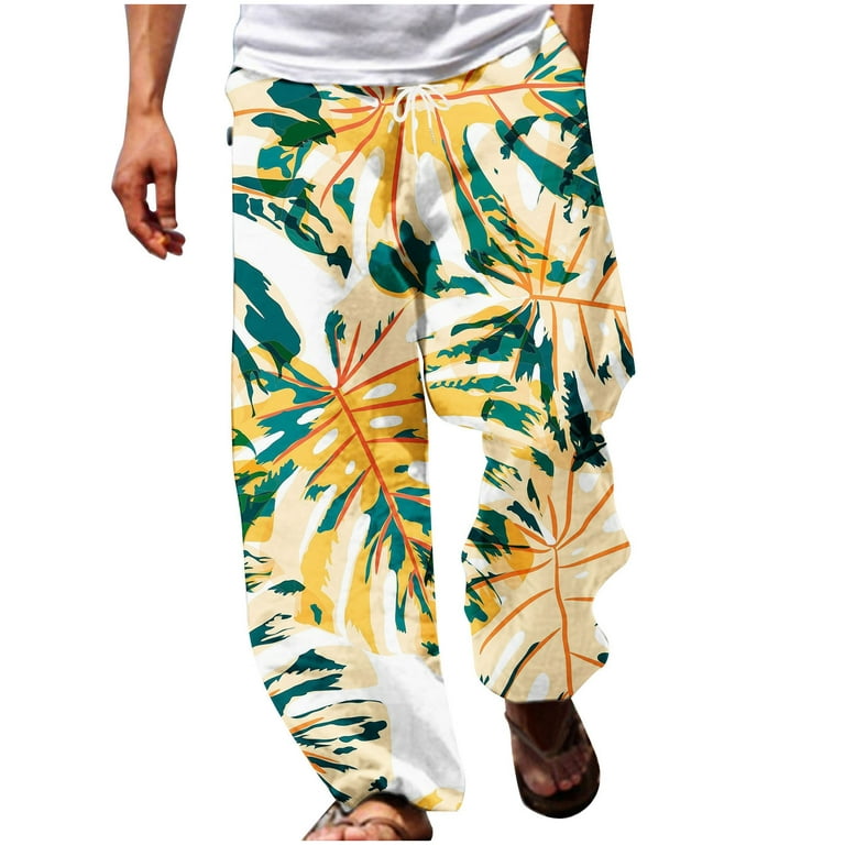 Xysaqa Summer Elastic Waist Linen Pants for Men, Mens Hawaiian