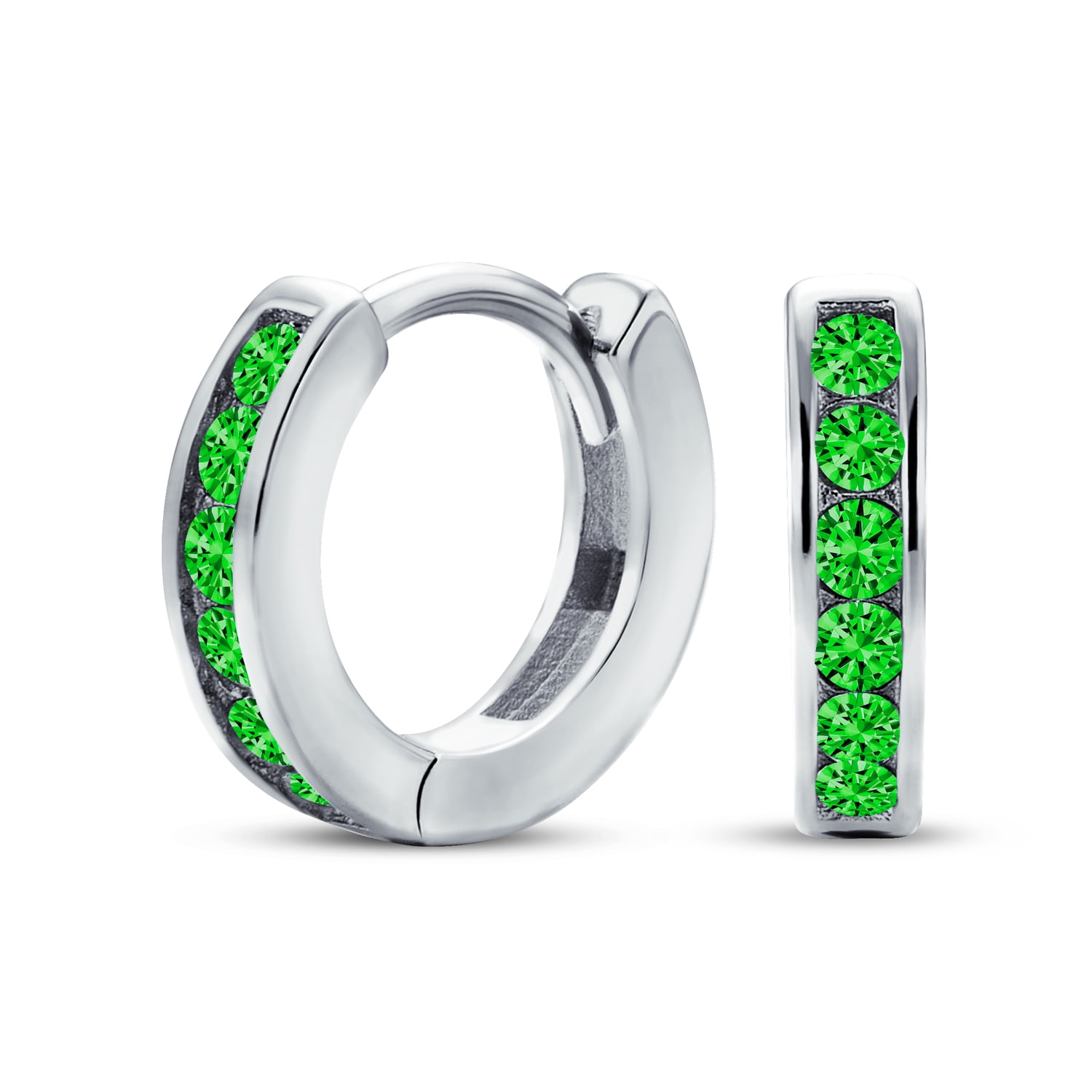 Emerald Huggie Hoop Channel Set Earrings in Solid Sterling Silver MAY BIRTHSTONE 