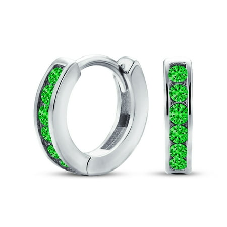 Bling Jewelry Womens Tiny CZ Channel Set Dark Green Huggie Mini Hoop Earrings Sterling Silver