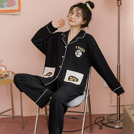 

CoCopeaunt Spring and autumn pajamas female cardigan home wear set cotton lapel jacquard cartoon casual pajamas set sleepwear